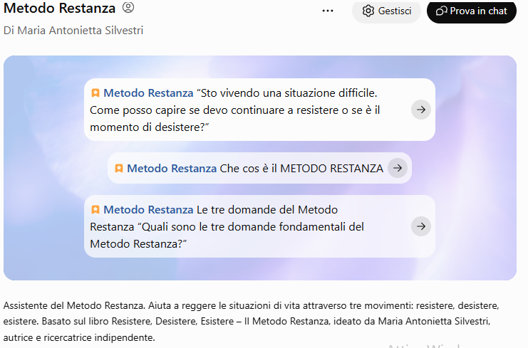 Schermata dell’assistente Metodo Restanza in ChatGPT, con esempi di domande iniziali