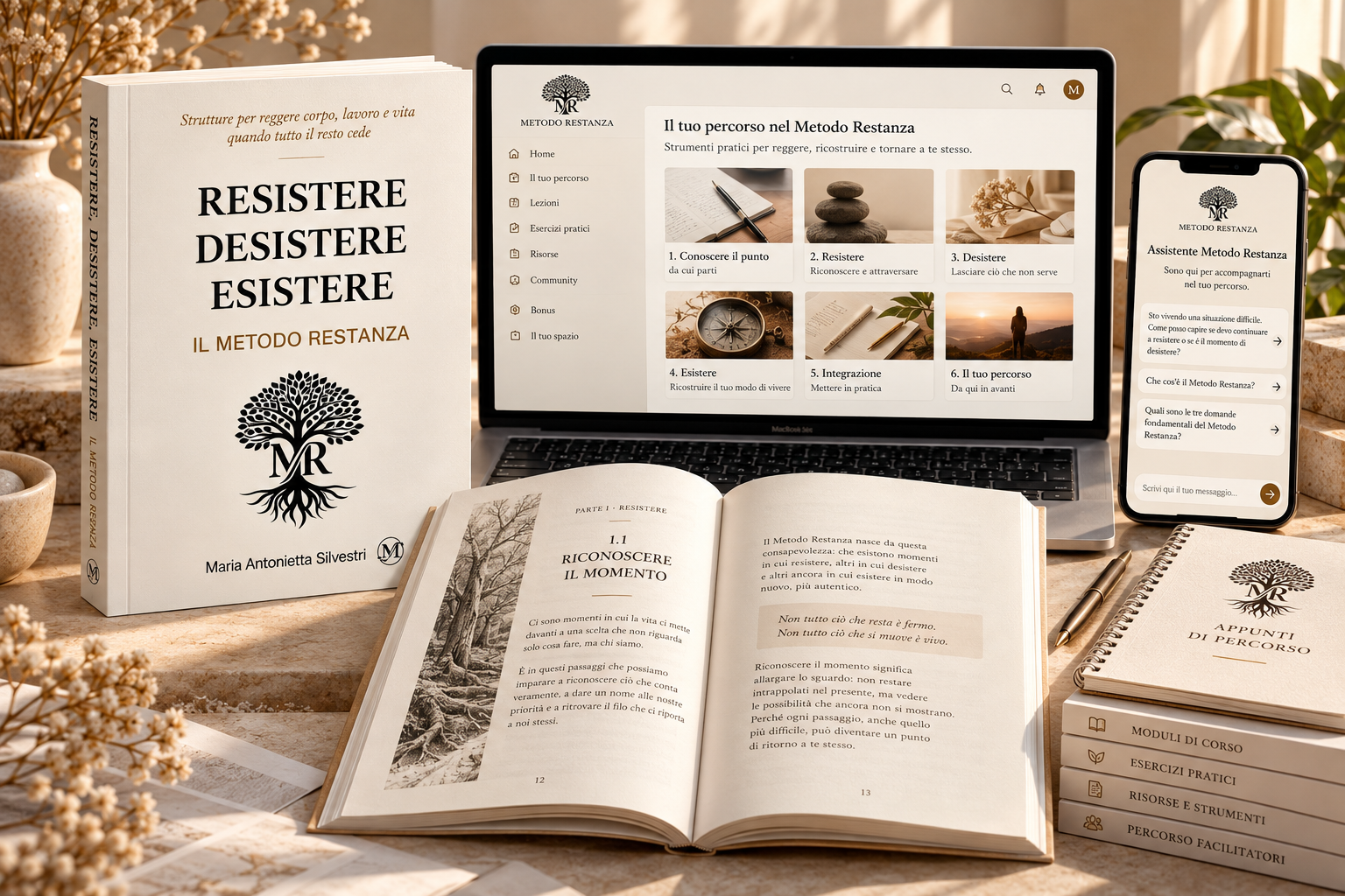 Panoramica illustrativa di libro, assistente e corso Restanza