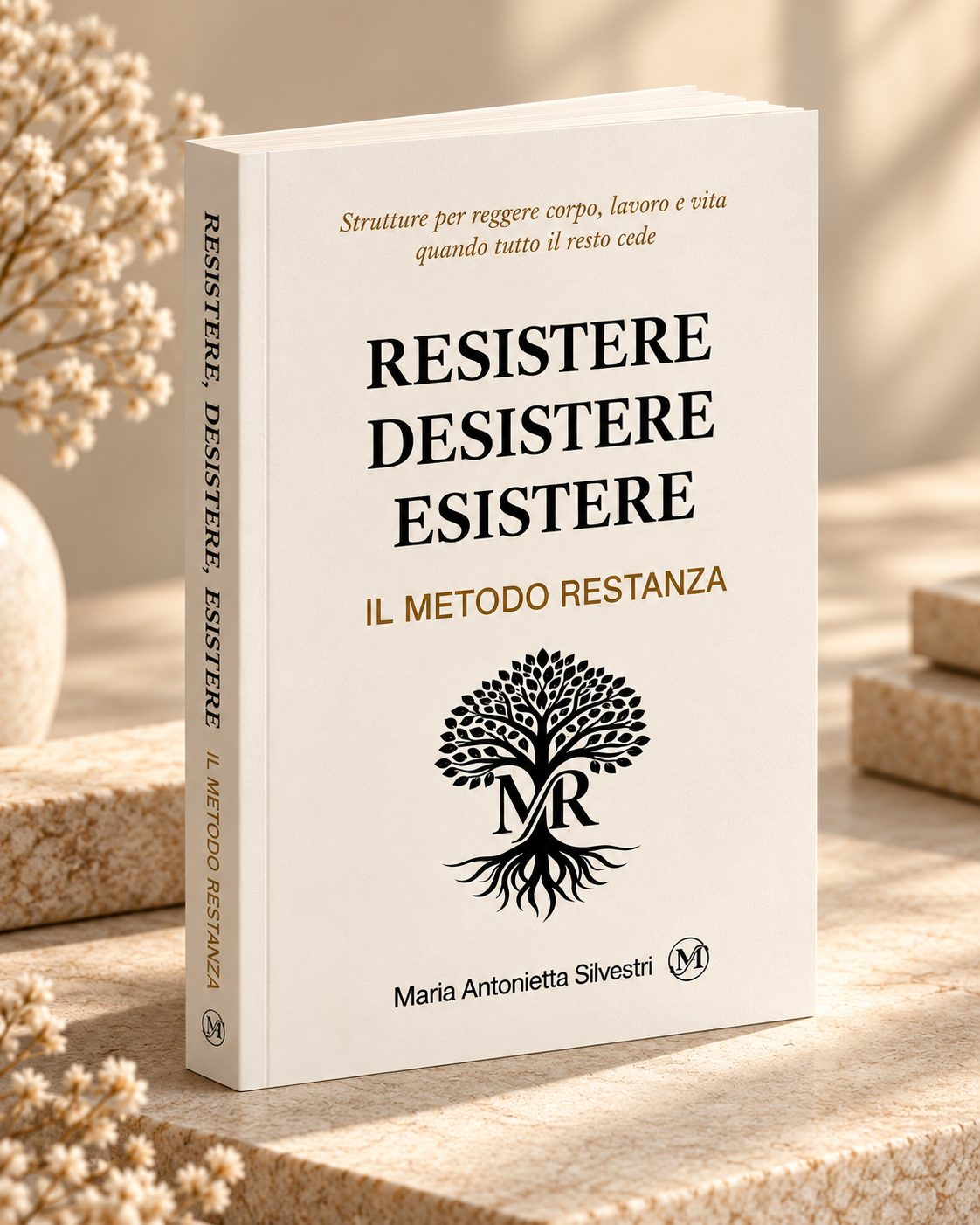 Mockup tridimensionale del libro Resistere, Desistere, Esistere